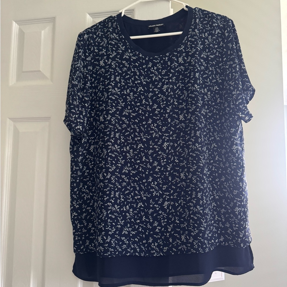 Hilary Radley Navy and White Floral Short Sleeve Blouse